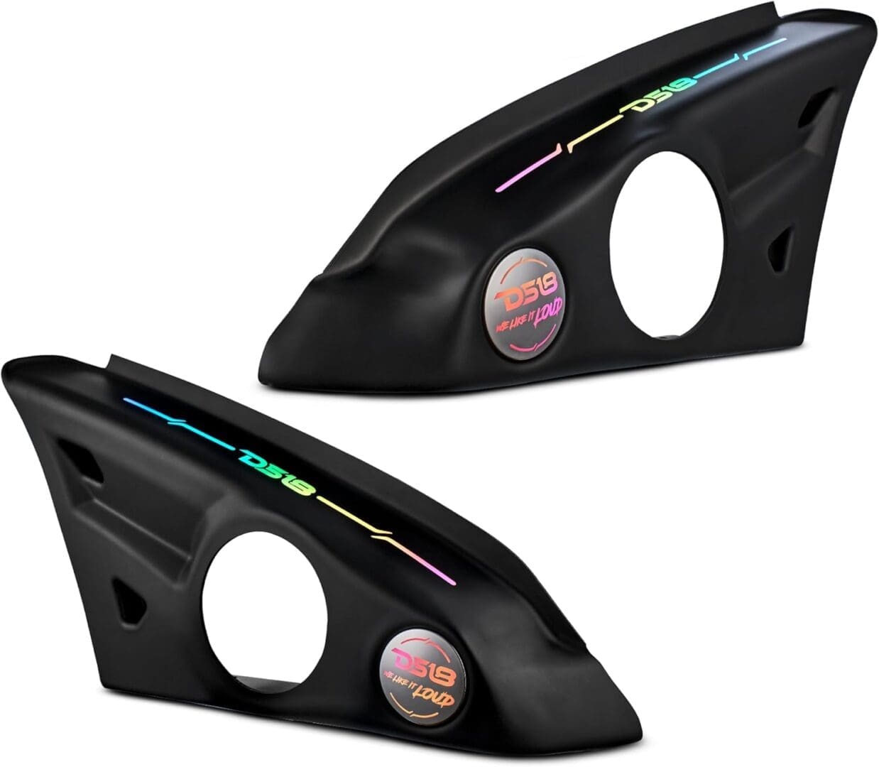 Two black automotive headlights with sleek design and colored accents.