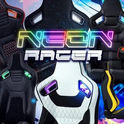 Colorful gaming chairs with neon lighting in a futuristic style.