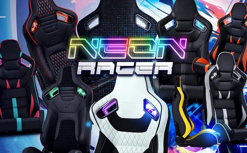 Colorful gaming chairs with neon lighting in a futuristic style.