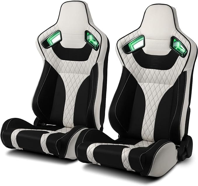 Two black and white ergonomic gaming seats with built-in headrest cushions.