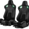Pair of black gaming or racing seats with green accents.