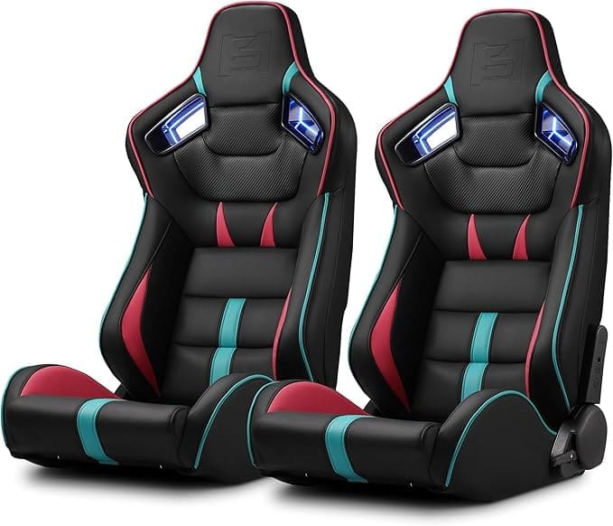 Two black gaming chairs with colorful accents and ergonomic design.
