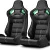 Two black racing car seats with green accents and harness holes.