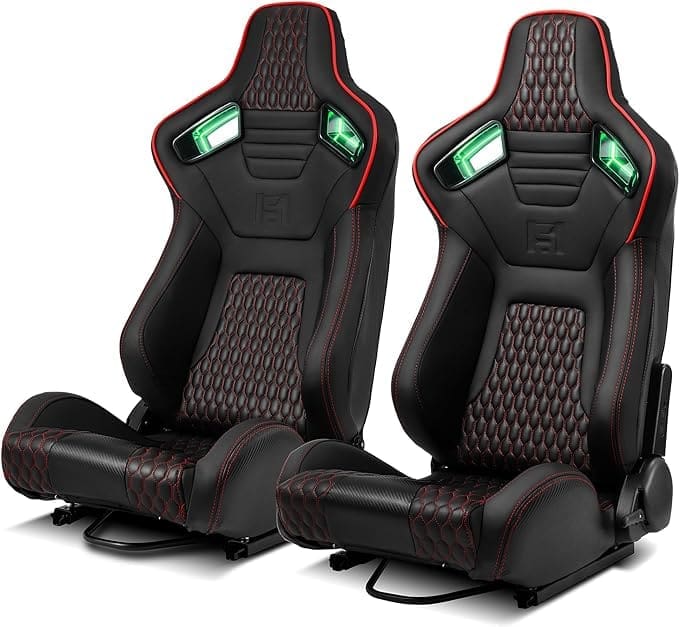 A pair of black and red racing car seats with detailed stitching.