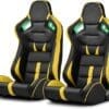 Two black and yellow ergonomic car seats with headrests and side supports.