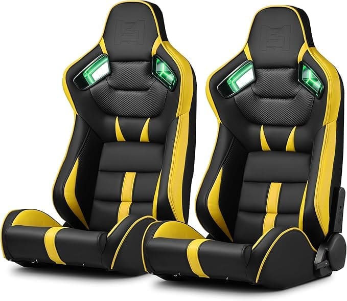 Two black and yellow ergonomic car seats with headrests and side supports.