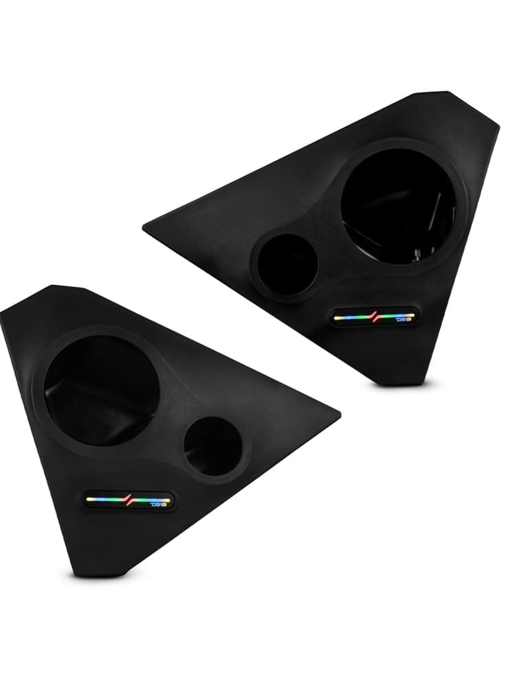 Two black triangular speaker stands with circular cutouts.