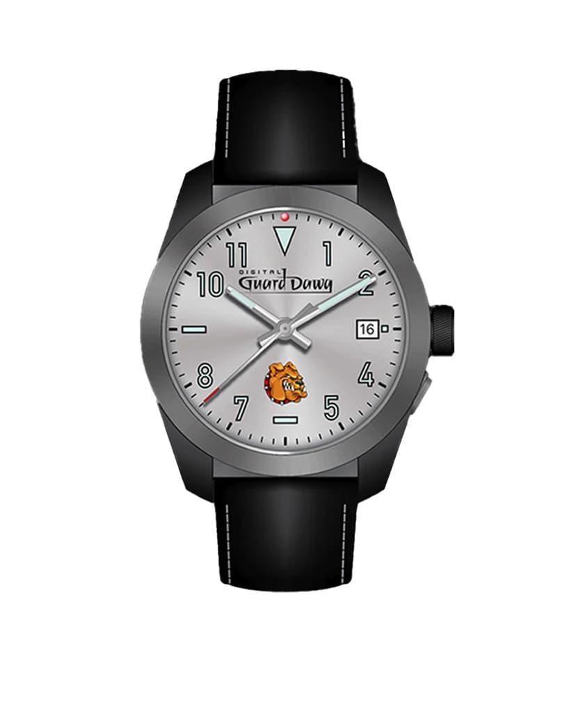 Wristwatch with a silver face and black leather strap.