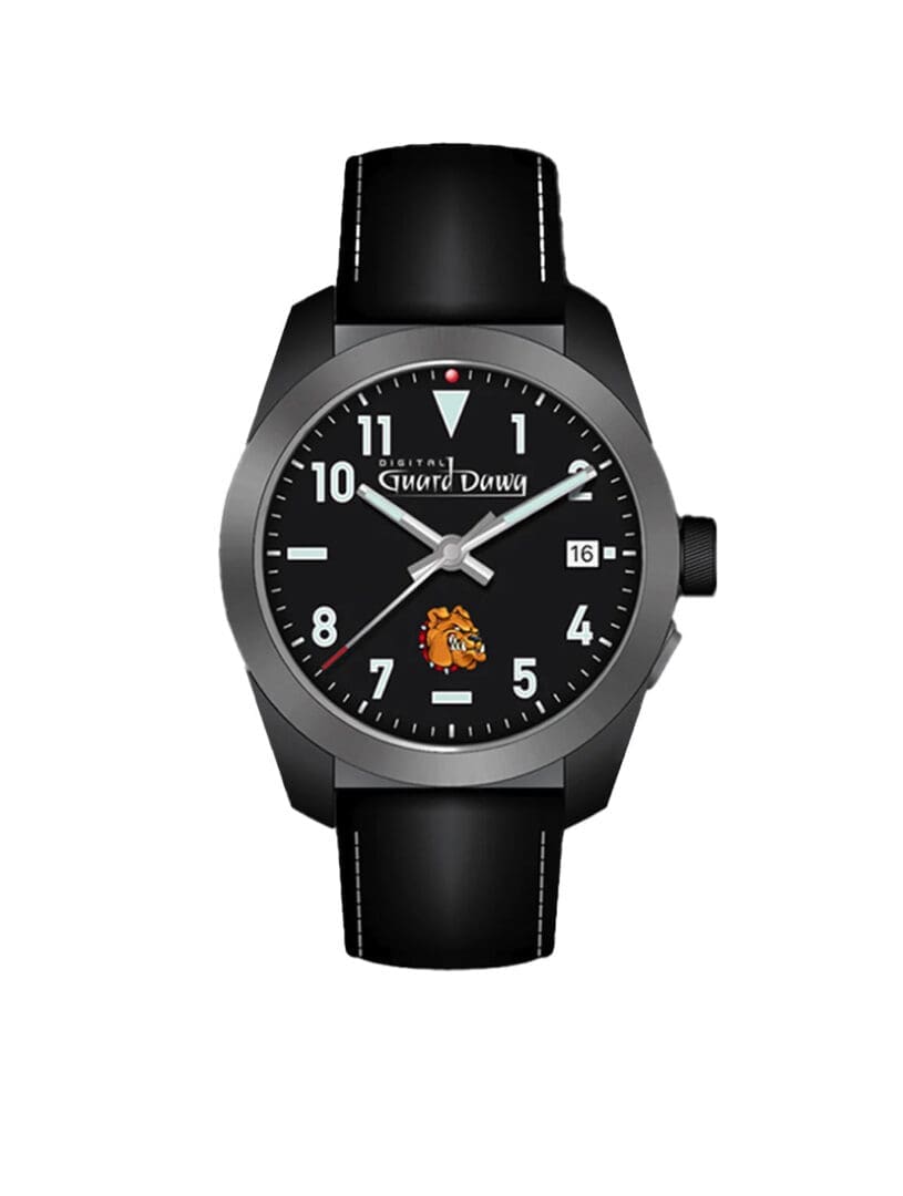 Black wristwatch with a leather strap and clear white numerals.