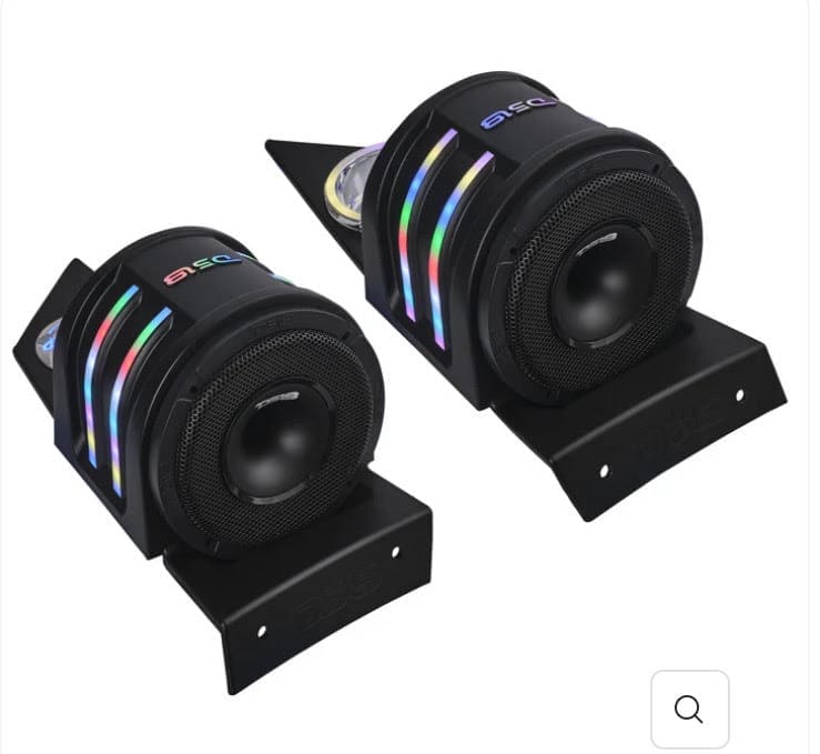 unnamed (1) Two black car speaker tweeters with mounting brackets.