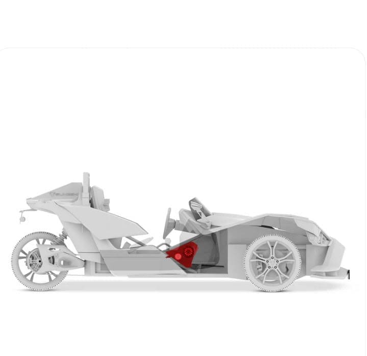 White three-wheeled vehicle with exposed mechanical parts and red seat.
