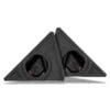 Pair of black triangular car speaker enclosures with visible speakers.