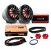 Car audio system components including speakers, amplifier, and wiring.