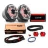 Two black and red car audio speakers with wiring and accessories.
