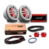 Car audio system components including speakers, amplifier, and wiring.