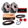Car audio system kit including speakers, amplifier, and wiring accessories.