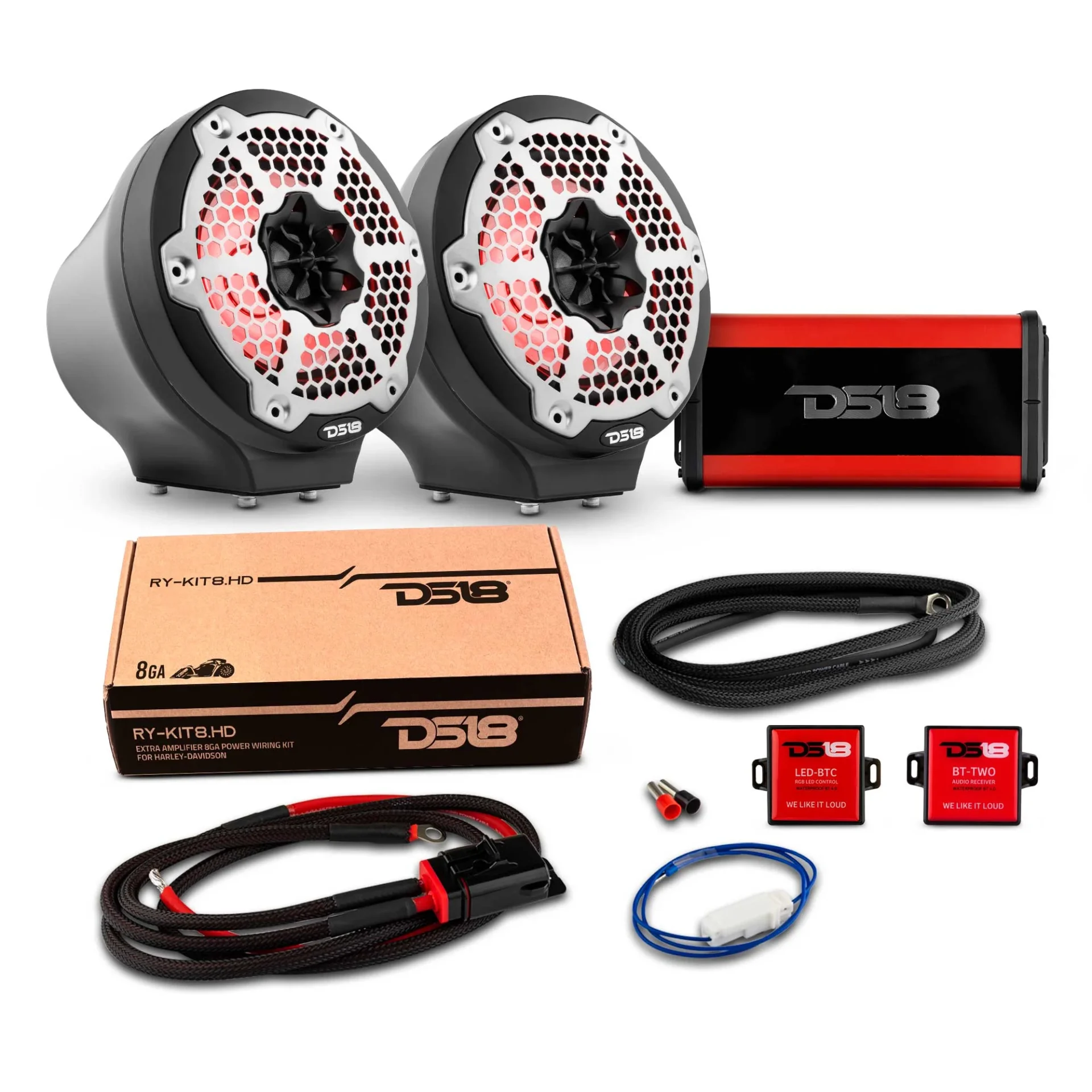 Car audio system kit including speakers, amplifier, and wiring accessories.
