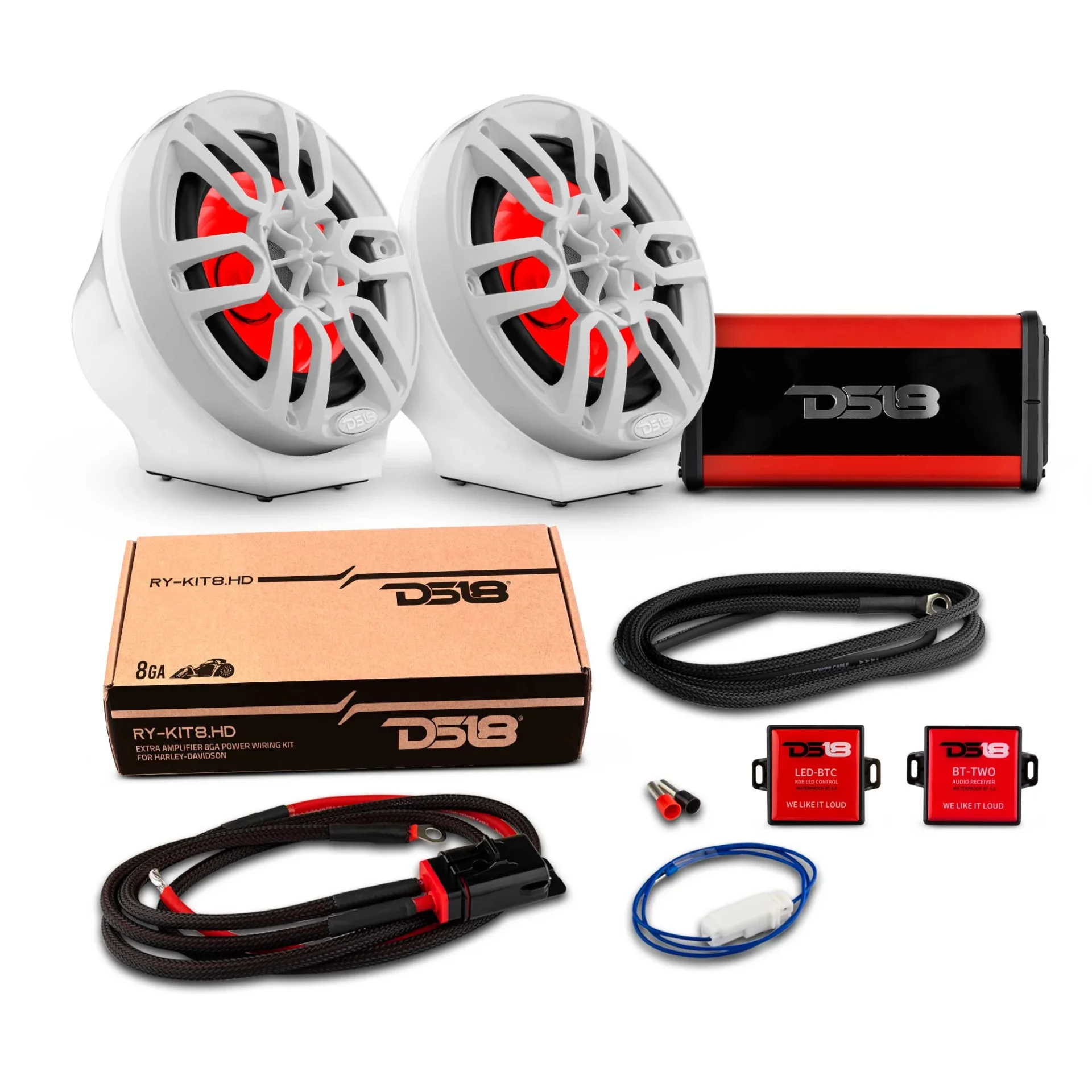 Car audio system components including speakers, amplifier, and wiring kit.