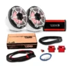 Car audio system components including speakers, amplifier, and wiring.