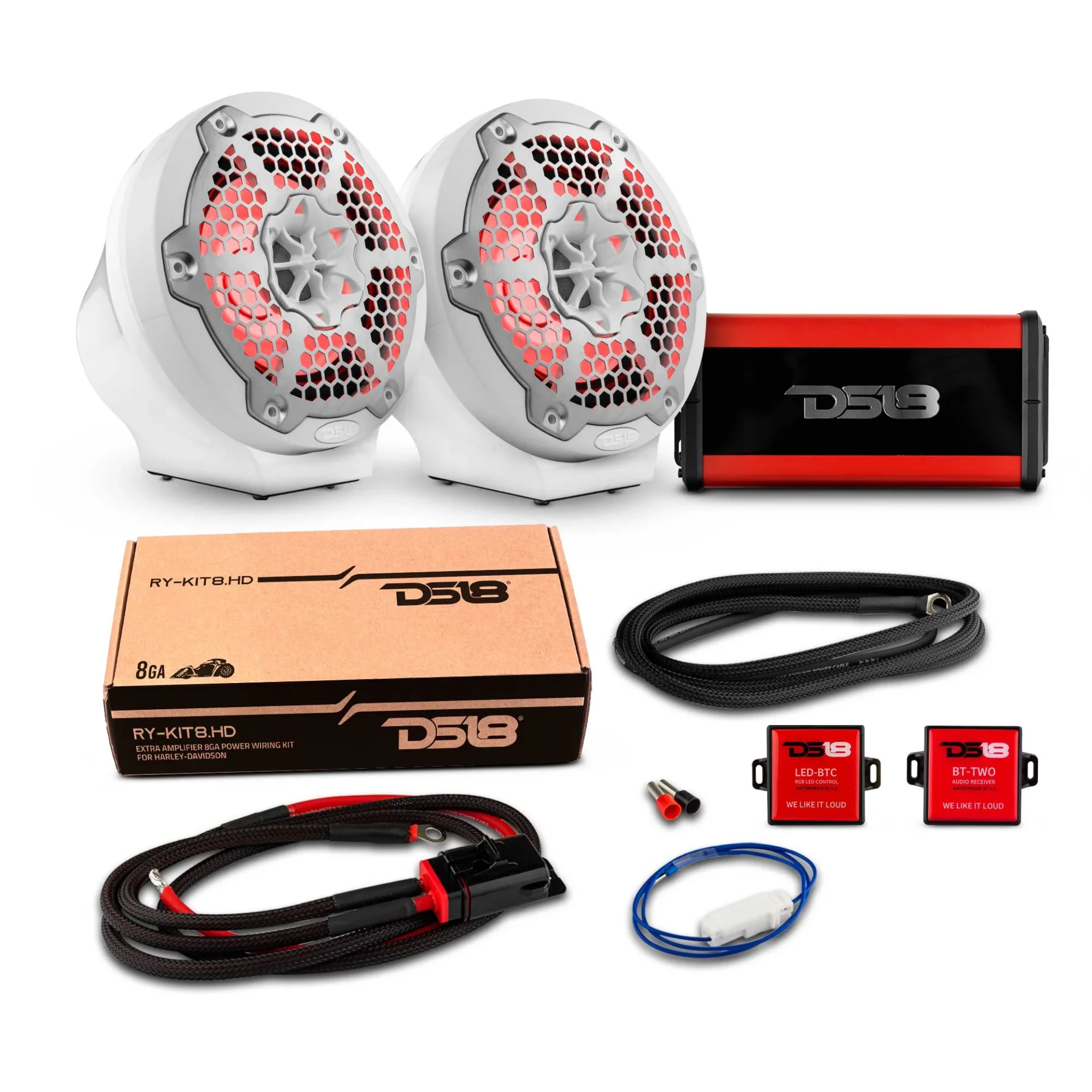 Car audio system with speakers, amplifier, and wiring kit.