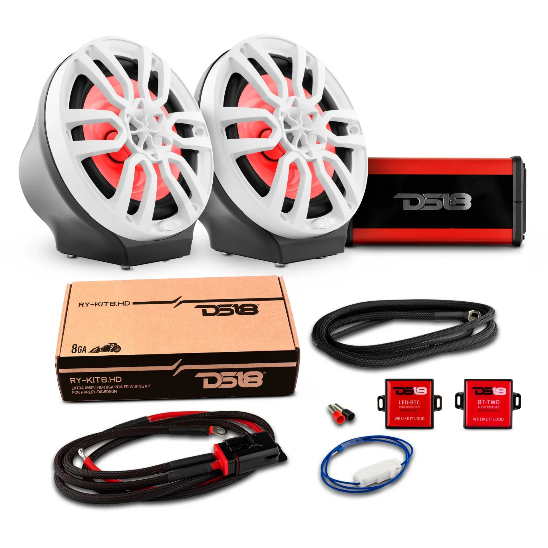 Car audio system with speakers, amplifier, and wiring kit.