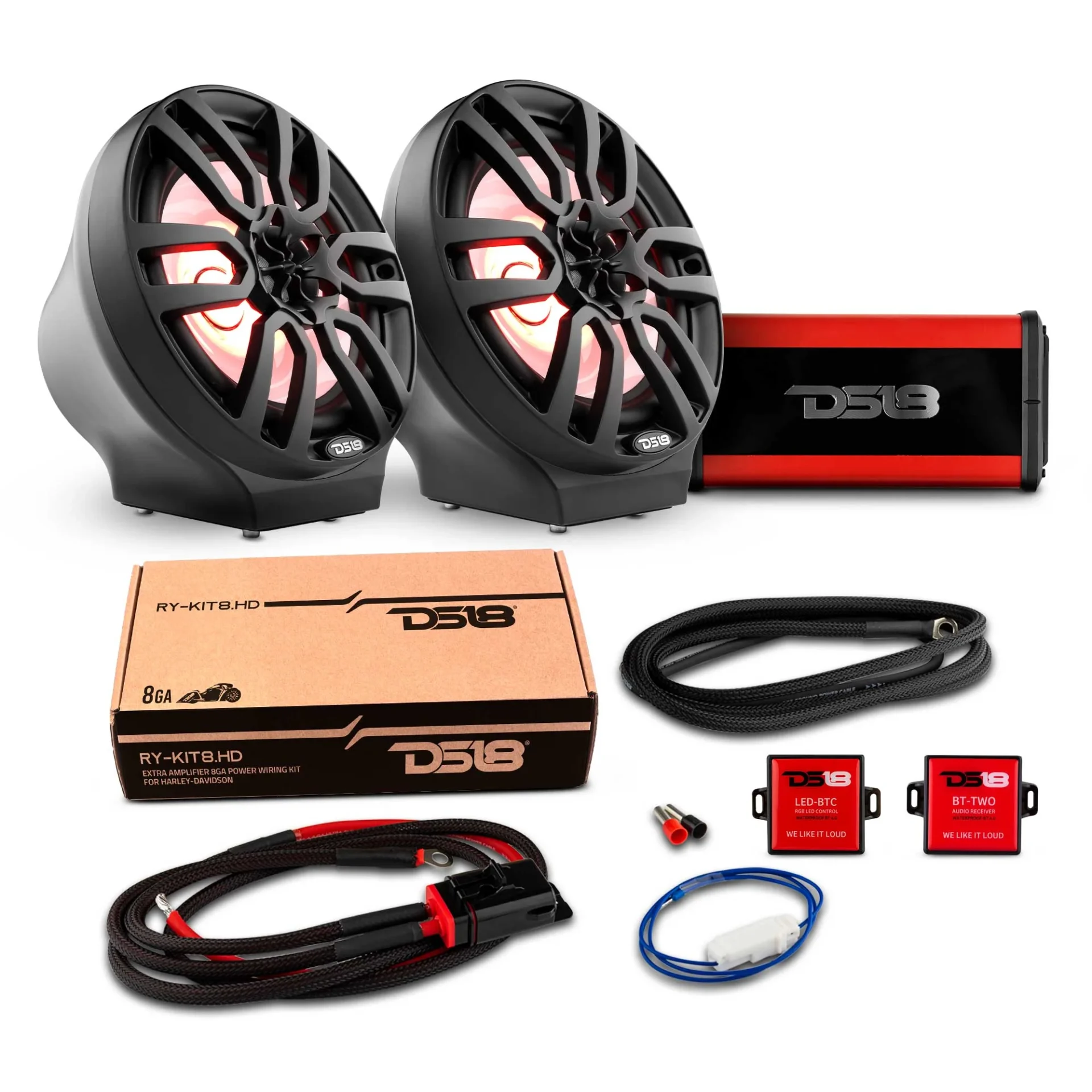 Car audio system with speakers, amplifier, and wiring kit.