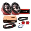 Car audio system components including speakers and amplifier.