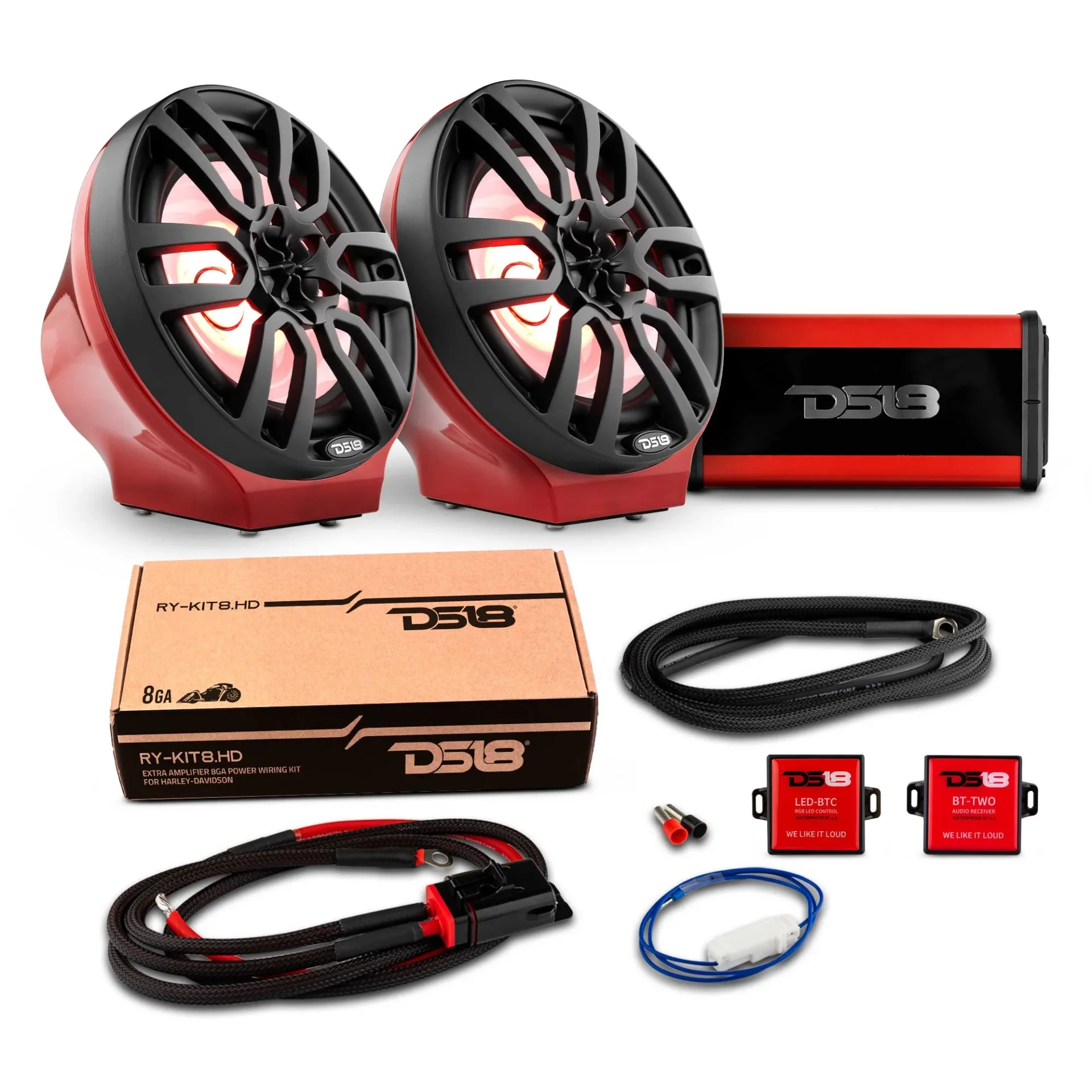 Car audio system components including speakers and amplifier.