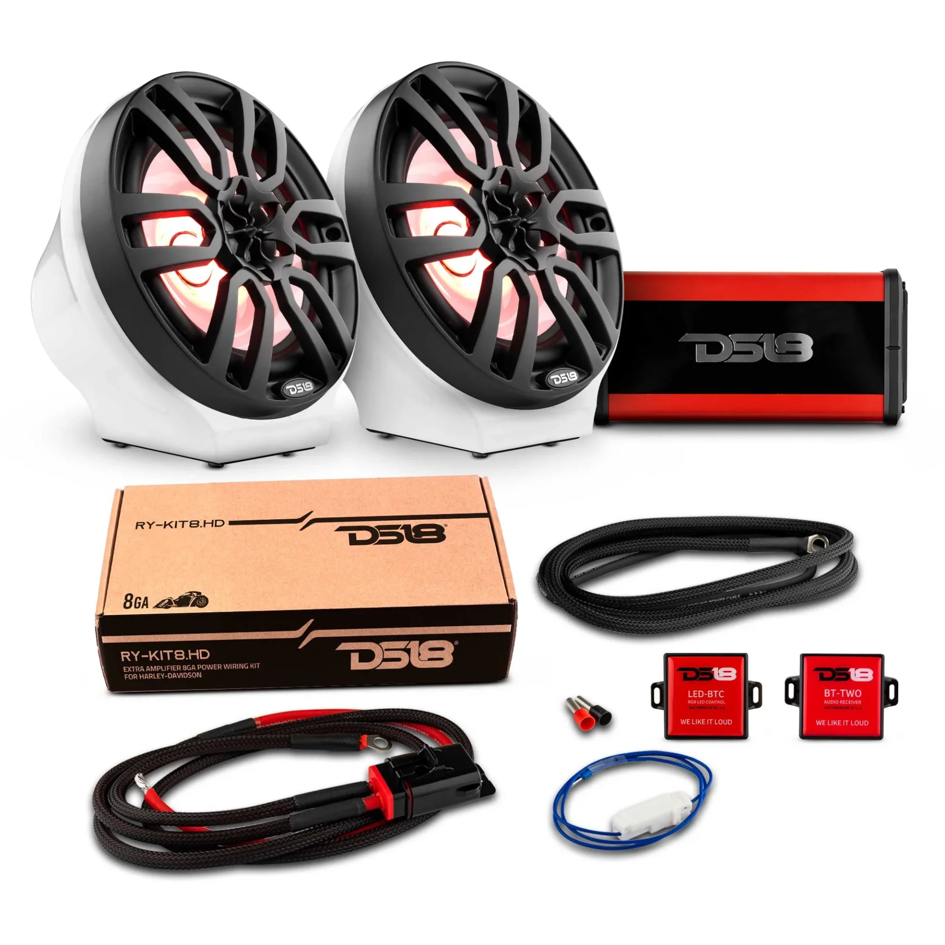 Car audio system components including speakers, amplifier, and wiring.
