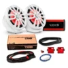 Car audio system components including speakers, amplifier, and wiring.