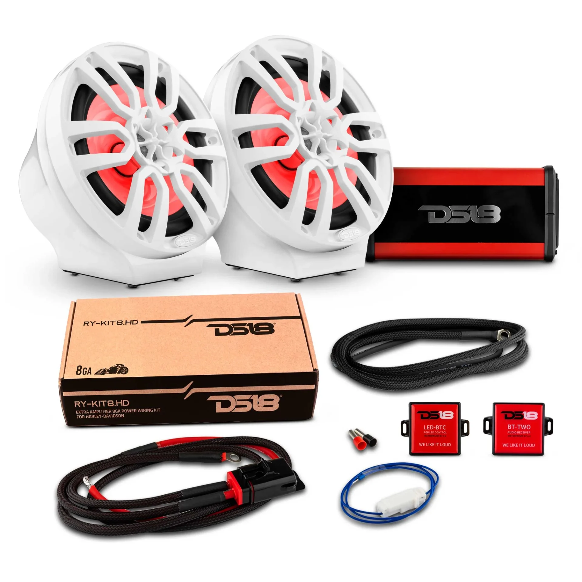 Car audio system components including speakers, amplifier, and wiring.