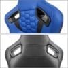 Close-up views of a blue and a black gaming chair backrest.
