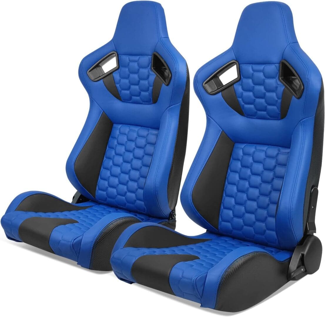 Pair of blue and black racing seats with ergonomic design.