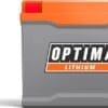 Close-up of an Optima Lithium car battery with orange and gray casing.