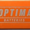 Close-up of an orange Optima battery casing with logo.