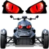 A sleek black and red remote-controlled car with menacing red eyes above.