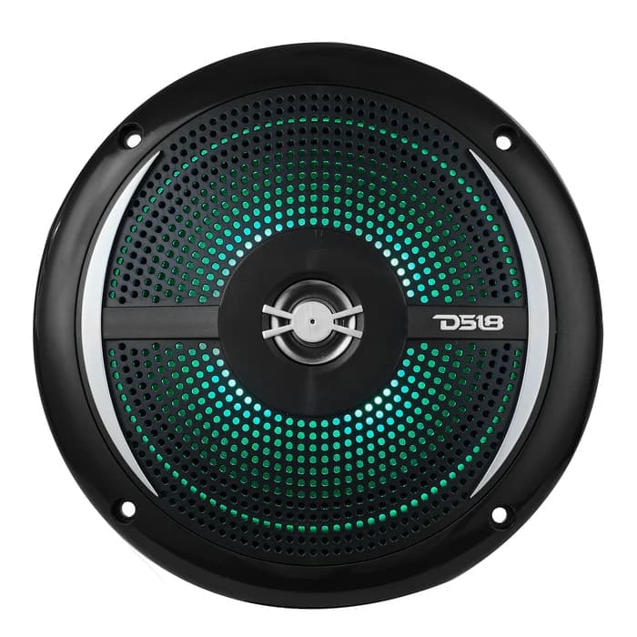 Black and teal car speaker with a central logo and mesh design.