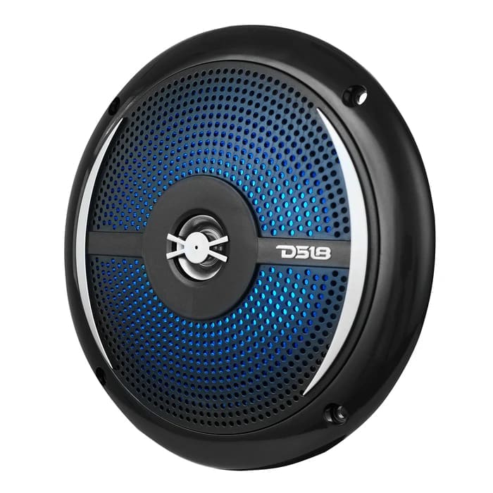 Close-up of a black and blue car subwoofer speaker.