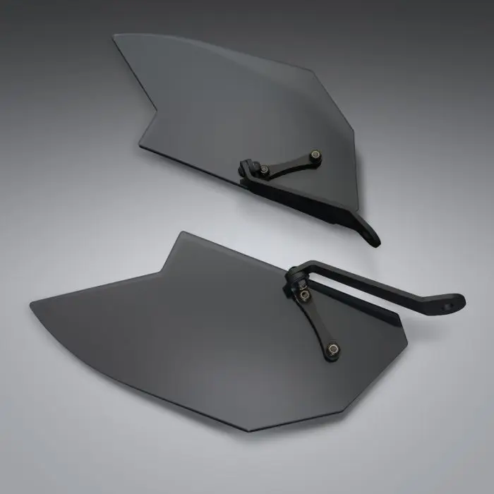 Two black plastic mudguards for a bicycle.