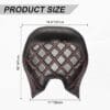 Black quilted leather motorcycle backrest pad with red stitching.