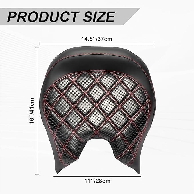 Black quilted leather motorcycle backrest pad with red stitching.