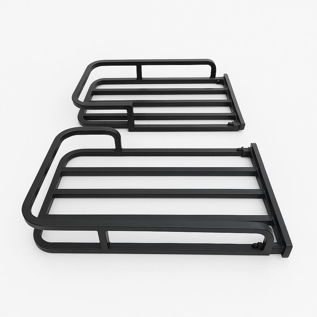 Two black metal luggage racks stacked on a white background.