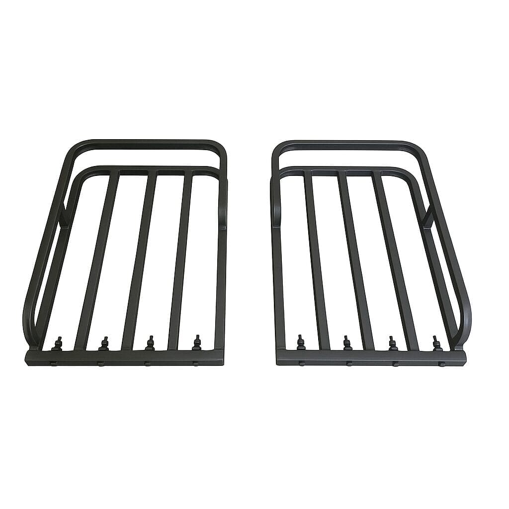 Two black metal baby bed rails with vertical bars.