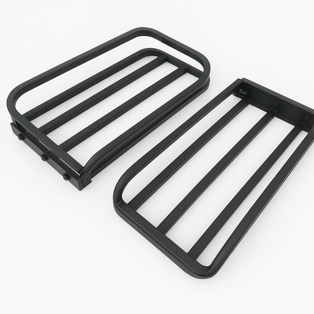 Two black metal rectangular racks with parallel bars.