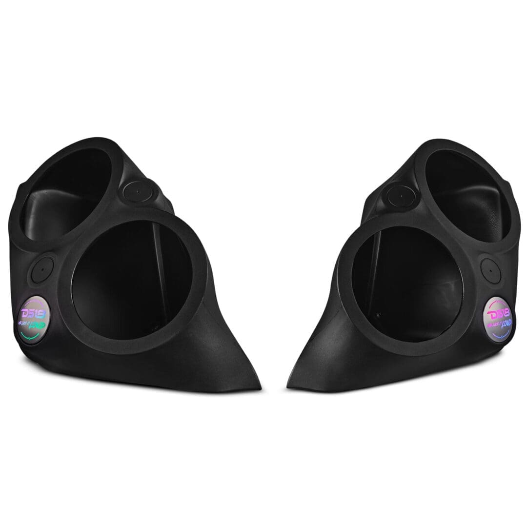 Pair of black automotive speaker pods with colorful speaker cones.