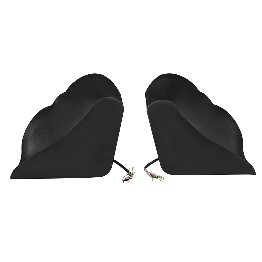 Two black speaker units with cables attached.