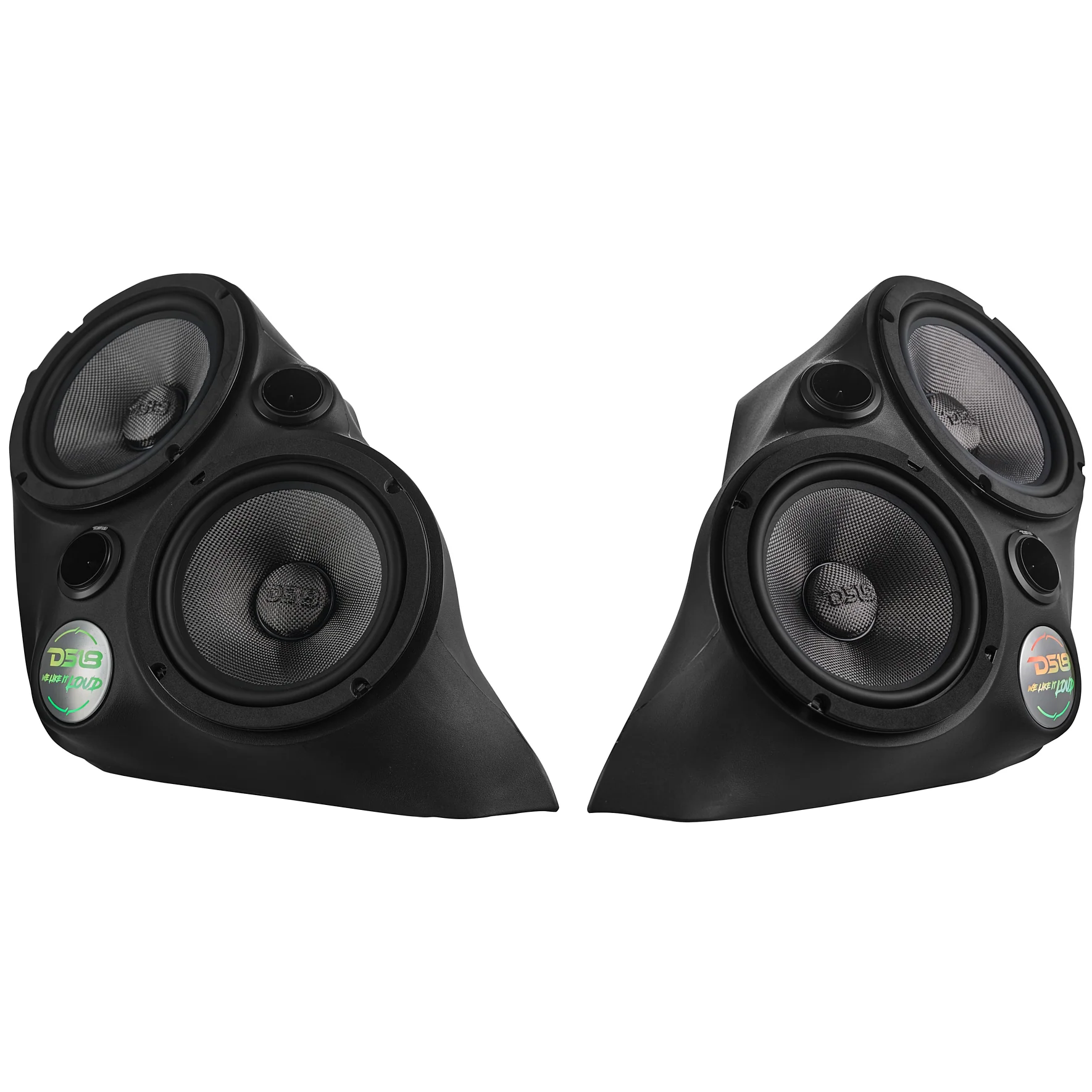 Pair of black car door speakers with multiple drivers.