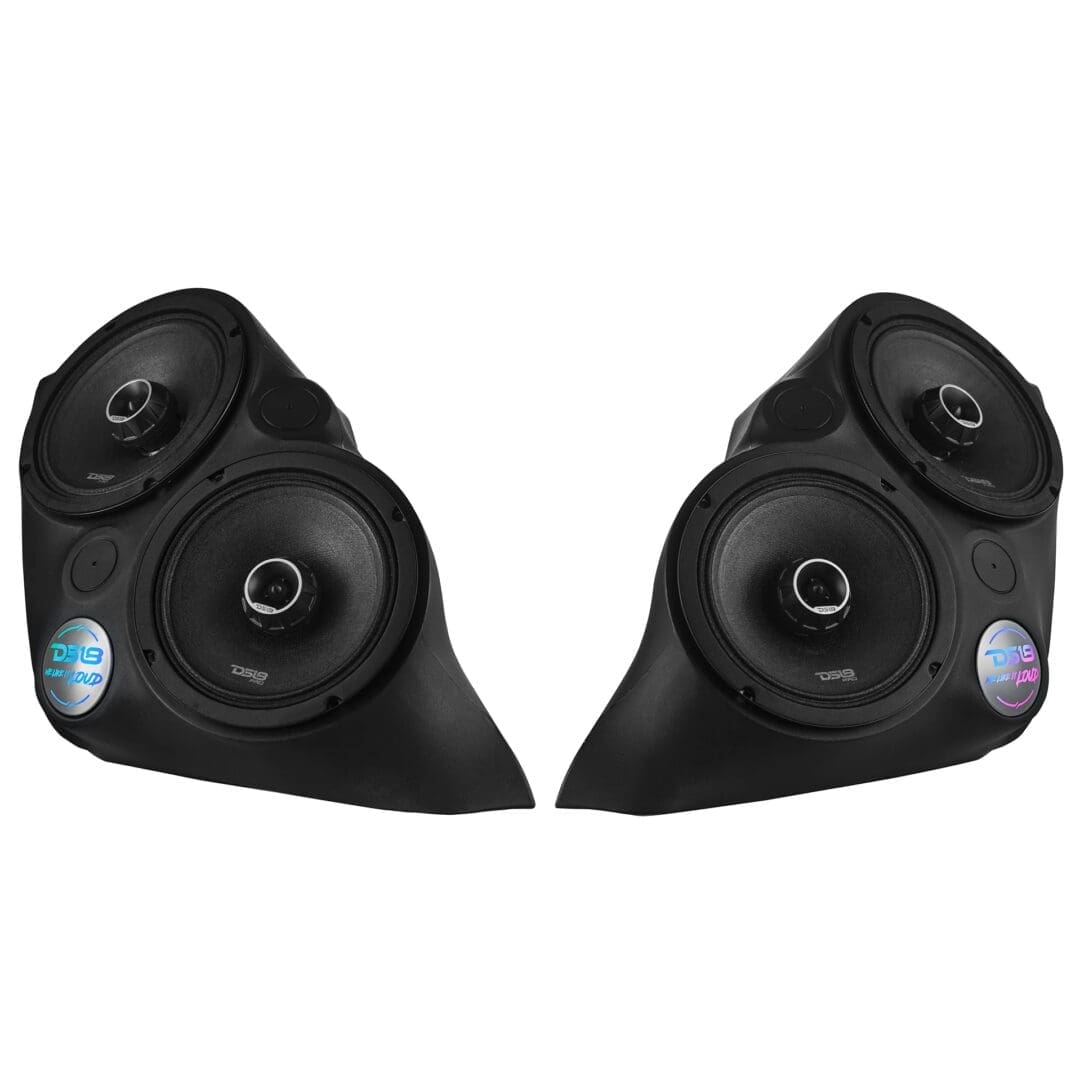 Pair of black car door speaker panels with multiple speaker units.