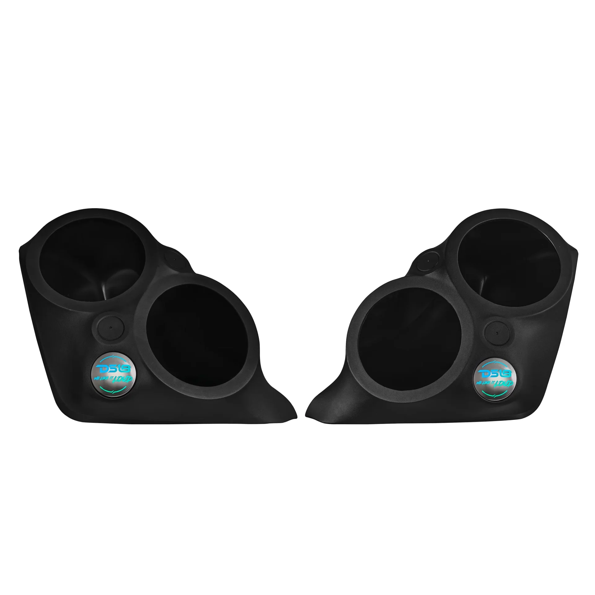 Pair of black car speaker pods with circular mounts and blue logos.
