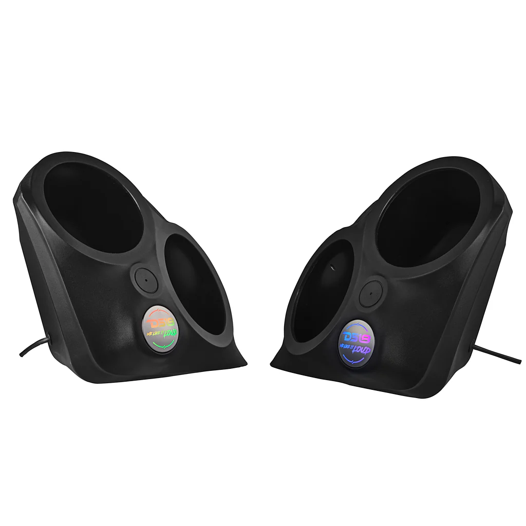 Black dual cup holder with two compartments and colorful accents.